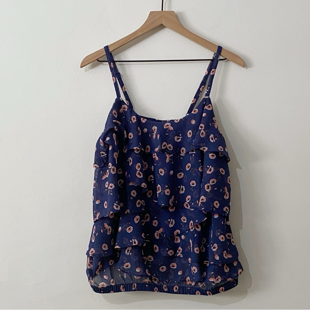 Torrid Blue Pink Floral Sheer Ruffle Tiered Cami Top 00 (Medium)